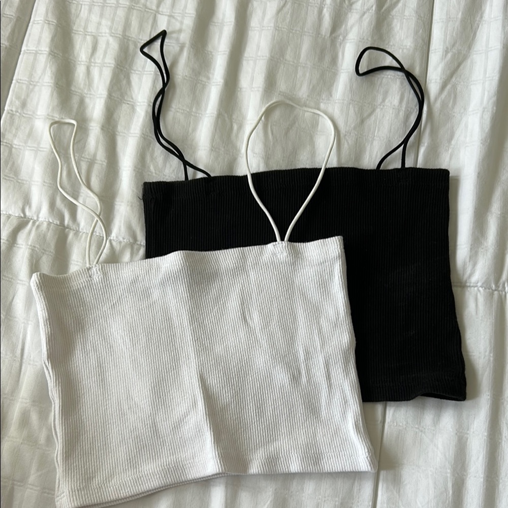 Black and White Ribbed Strap Tops